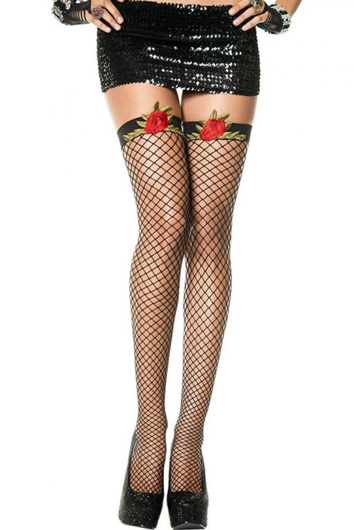 Music Legs Rose-applique-spandex-mini-diamond-net-thigh-hi  Thigh Hi 2018 | Pantyhose Library