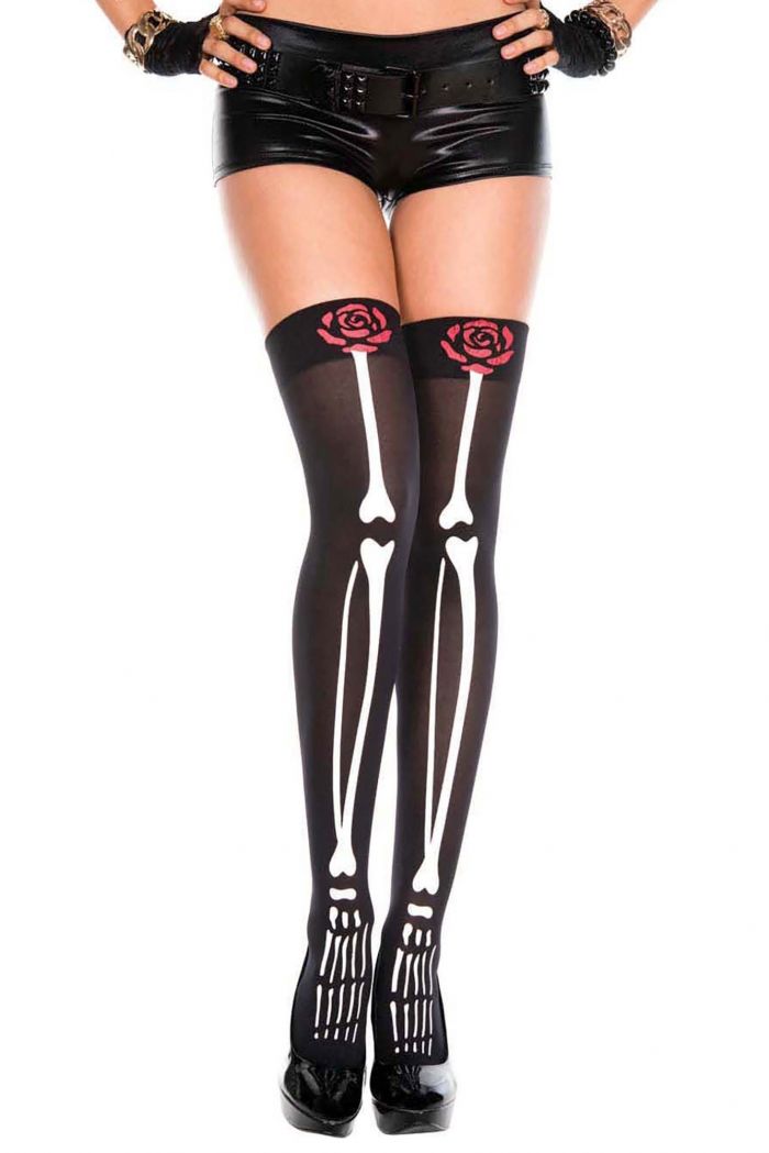 Music Legs Skeleton-print-with-top-rose-design-thigh-hi  Thigh Hi 2018 | Pantyhose Library