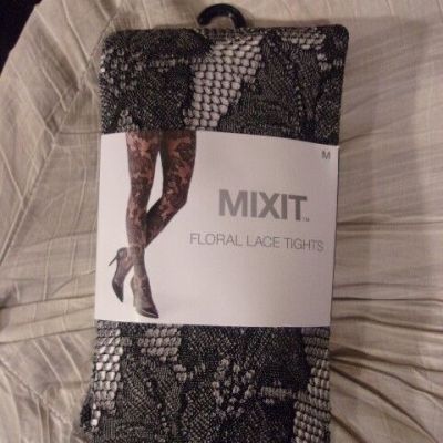 MIXIT~BLACK TWO-TONE~NYLON BLEND~FLORAL LACE HOSE~TIGHTS~NEW~SZ MED~EZ CARE