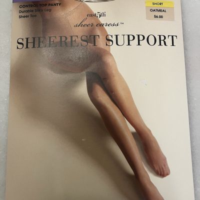 East 5th Sheer Caress Support Pantyhose Oatmeal Short Control Top Sheer Toe