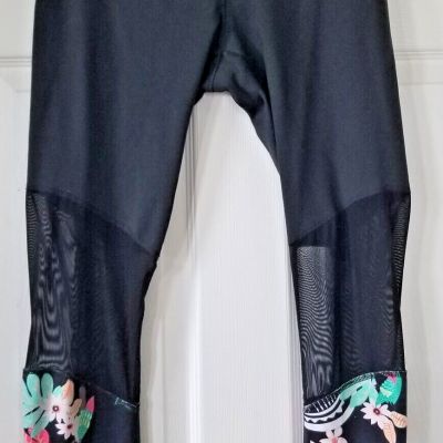 ZELOS Black With Floral & Sheer Mesh Inserts Activewear Leggings Size M