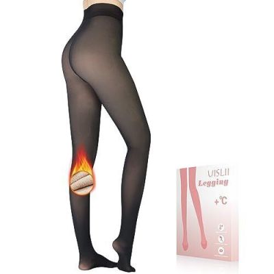 Fleece Lined Tights Women, Warm Medium Petite Fake Translucent Black-pantyhose