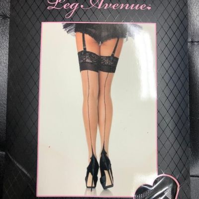 Sheer Nude Cuban Heel Stockings With Black Back Seam And Lace Top Leg Avenue1048