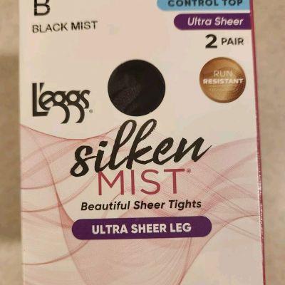 Leggs Silken Mist 2 PAIRS Ultra Sheer Leg Tights B BLACK MIST Control Top 97697