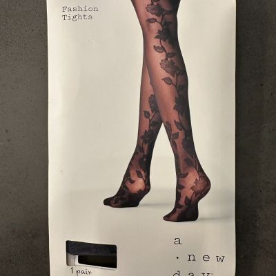 A New Day Honey Black Sheer Floral Patterned Fashion Tights SIZE M/L SEALED!!