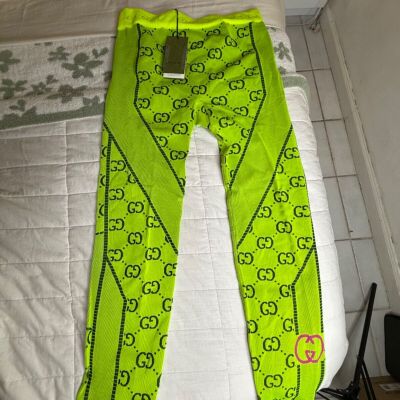 ????Gucci Neon Green Love Parade Gg Logo Leggings Stretchy NWT 693300 Medium????