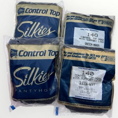 Lot Of 4 Silkies Control Top Support Pantyhose QUEEN Navy Blue Made In USA