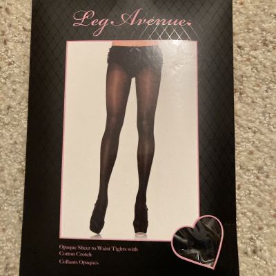 New Leg Avenue LA-0992 Black Opaque Tights Pantyhose With Cotton Crotch One Size