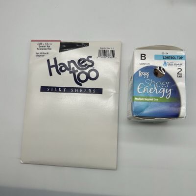 LOT NIP Hanes Too barely Black Sz AB, L'Eggs Sheer Energy Suntan pantyhose Sz B