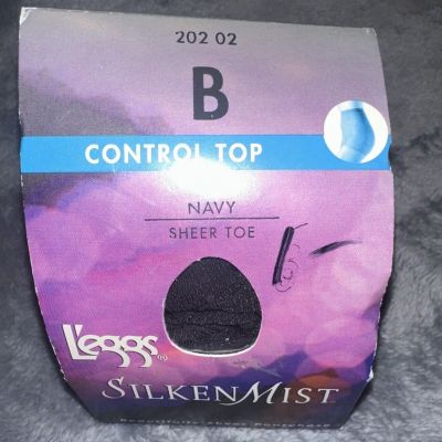 Leggs Silken Mist Silky Sheer Leg Control Top Pantyhose Navy Blue Size B