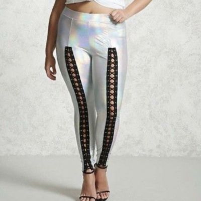 Forever 21 Silver Holographic Lace Up Leggings! Size XS - NWT