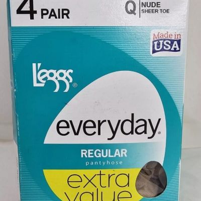 L'eggs Everyday Regular  Pantyhose - Size Q - 4 Pairs - Made in USA - Nude