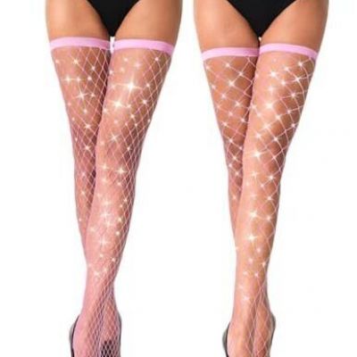 2 Pairs Women's Pink Rhinestone Stockings Sparkly Fishnet Thigh High Sexy