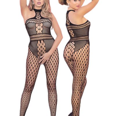 Womens Big Hole Fishnet Bodystocking Black or Pink Geometric Pattern Hosiery OS