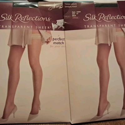 Hanes Silk Reflections Thigh High Stockings Black Size EF Lot Of 2 NIP