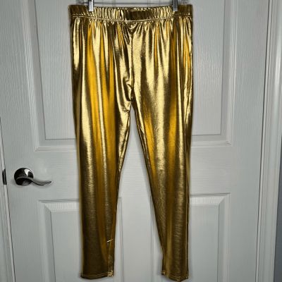 Feeling Festive Shiny Gold Stretch Leggings Sz M Christmas Holiday Party