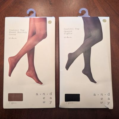 2 New Day Ribbed Opaque & Sheer Tights In Black & Cocoa M/L  Up To 6'  & 190 Lbs