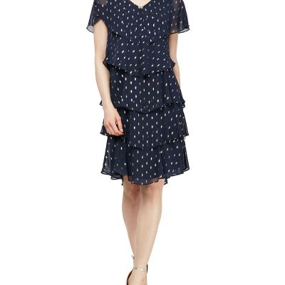 Sl Fashions Polka-Dot Tiered Shift Dress - Navy/Gold 16