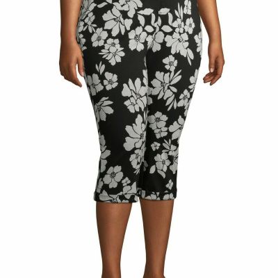 Women's Leggings Capri Plus Size 5X Mid Rise Fitted Black White Floral Terra Sky