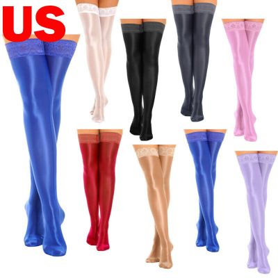 US Women Glossy Smooth Stockings Lace Trim Thigh High Socks Costume Accessories