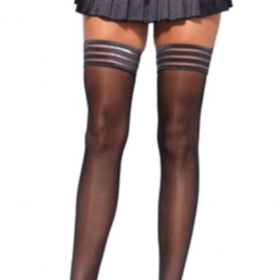 Leg Avenue Sheer Thigh High Stay Up Stockings Stripe Silicone Top OS Black 1068