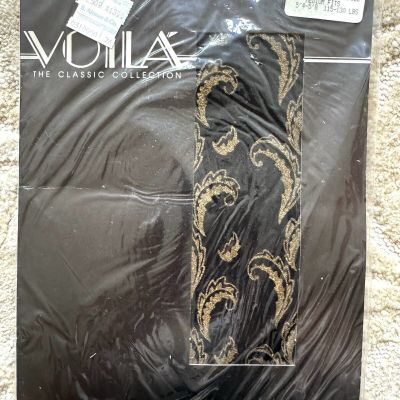 Vtg Voila Black Gold Handmade Pantyhose Midnight Brocade Sheer Boroque M New