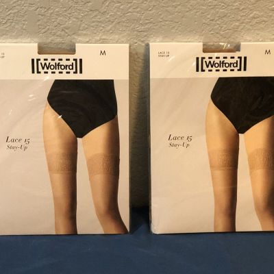 Wolford Women's Medium Lace 15 Stay-Up Lot Of 2 NEW