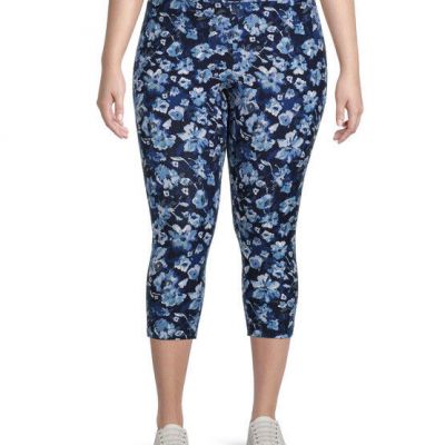 Terra and Sky Blue Floral High Rise Capri Leggings 3X (24W-26W) NWT