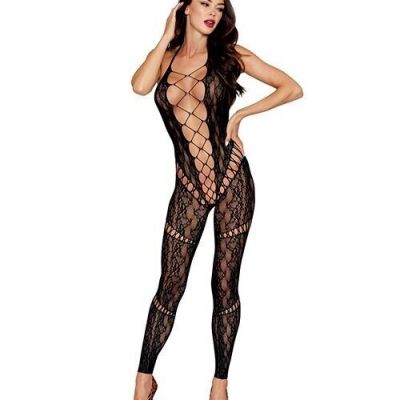 SEAMLESS LACE FOOTLESS BLACK BODYSTOCKING