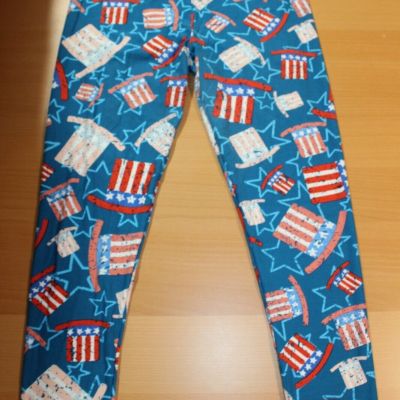 Womens Lularoe Tween Red White Blue American Flag Top Hat Leggings Tall & Curvy