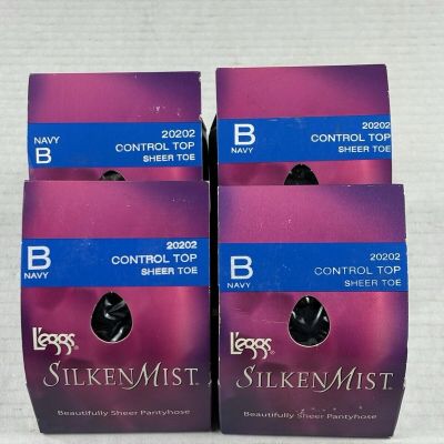 Lot 4 L'eggs Sheer Toe Control Top Silken Mist  Navy Pantyhose Size B 20202