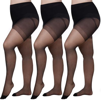 3 Pairs Women's Plus Size Tights Sheer Pantyhose Nylon Stockings With Reinfor...