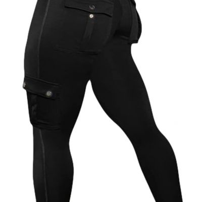 Flamingals Butt Lifting Leggings with Flap Pockets Workout Cargo Large, Black