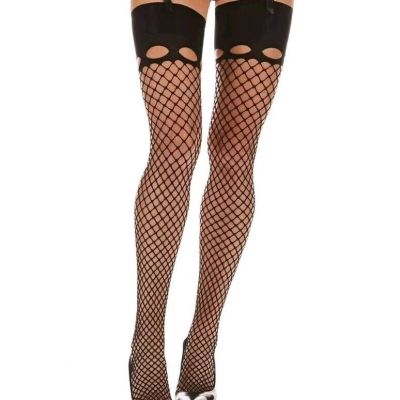 New MeMoi Black Fishnet Thigh High Stockings for Garter Cutout Hide & Seek L/XL