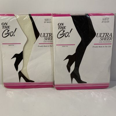 ON THE GO! Pantyhose Size 2 Jet Black , Off White Sheer Toe Ultra Sheer Lot Of 2