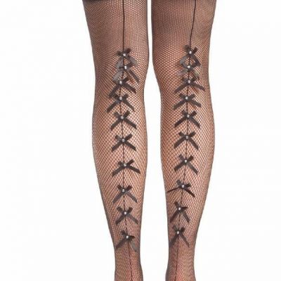 Fishnet Thigh Highs Bows Back Seam Rhinestones Stockings Hosiery BW788