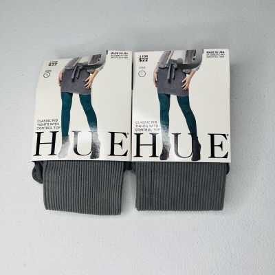 HUE Control Top Tights Size 1 Steel Gray Rib Tights Womens 2 Pair Pack New