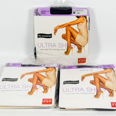 3 No Nonsense Ultra Sheer Pantyhose TK7 OFF BLACK Reinforced Toe Tight Size B