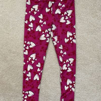 Lularoe Valentines Day Leggings OS Red Bright Pink W/Hearts Preowned Excellent