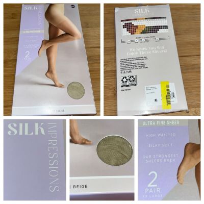 NEW Silk Impressions Pantyhose XXL Beige 2-Pack Ultra Fine High Waisted 15 Den