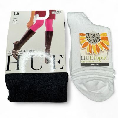 Hue Graphite Heather Super Opaque Tights Sz 1 & 1 Pair White Roll Top Socks OS