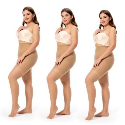 3 Pairs Plus Size Sheer Control Top Tights for Women Chubby Girls 3X-Large Nude