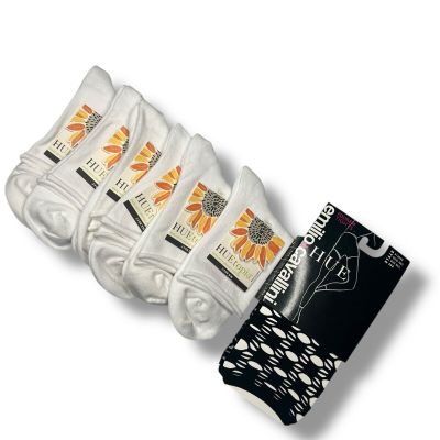 Huetopia Roll Top Shortie Socks 6 Pair White With Black Emilio Geo Net Tight M/L