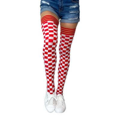 Kixies Game Day Red and White Thigh High Stockings No Slip Grips Size C NEW