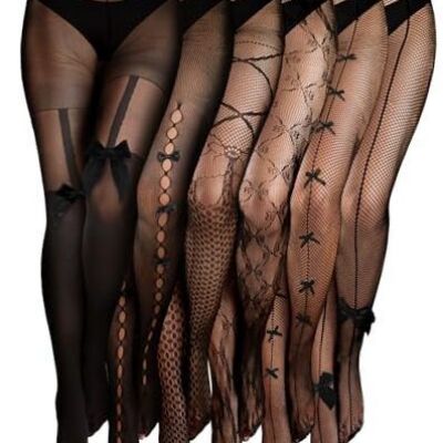 6 Pairs Women Fishnet Thigh High Stockings Waist Tights Bow Medium Black