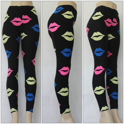 Fashion Hot Women's Sexy Lips Kiss Colorful Print Tights Pants Stretch Skinny