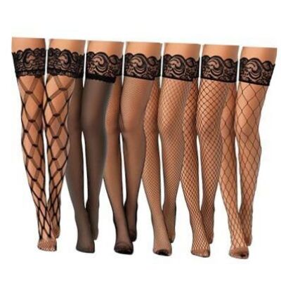 6 Pairs Fishnet Thigh High Stockings Anti Slip Lace Top Semi Medium Black