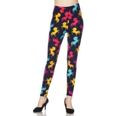 X-Plus Size Womens Colorful Neon Unicorn Print Navy Leggings