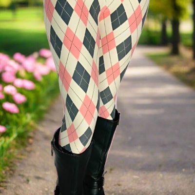 NEW Sz 12-20 Women Pink Argyle Leggings YOGA WAIST (Feel Soft as Lularoe)