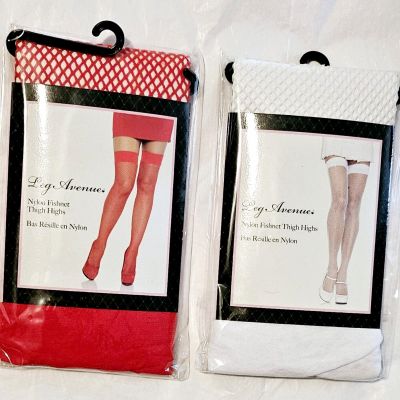 2 Pair of Leg Avenue Fishnet Thigh Hi Stockings Red - White - One Size Fits Most